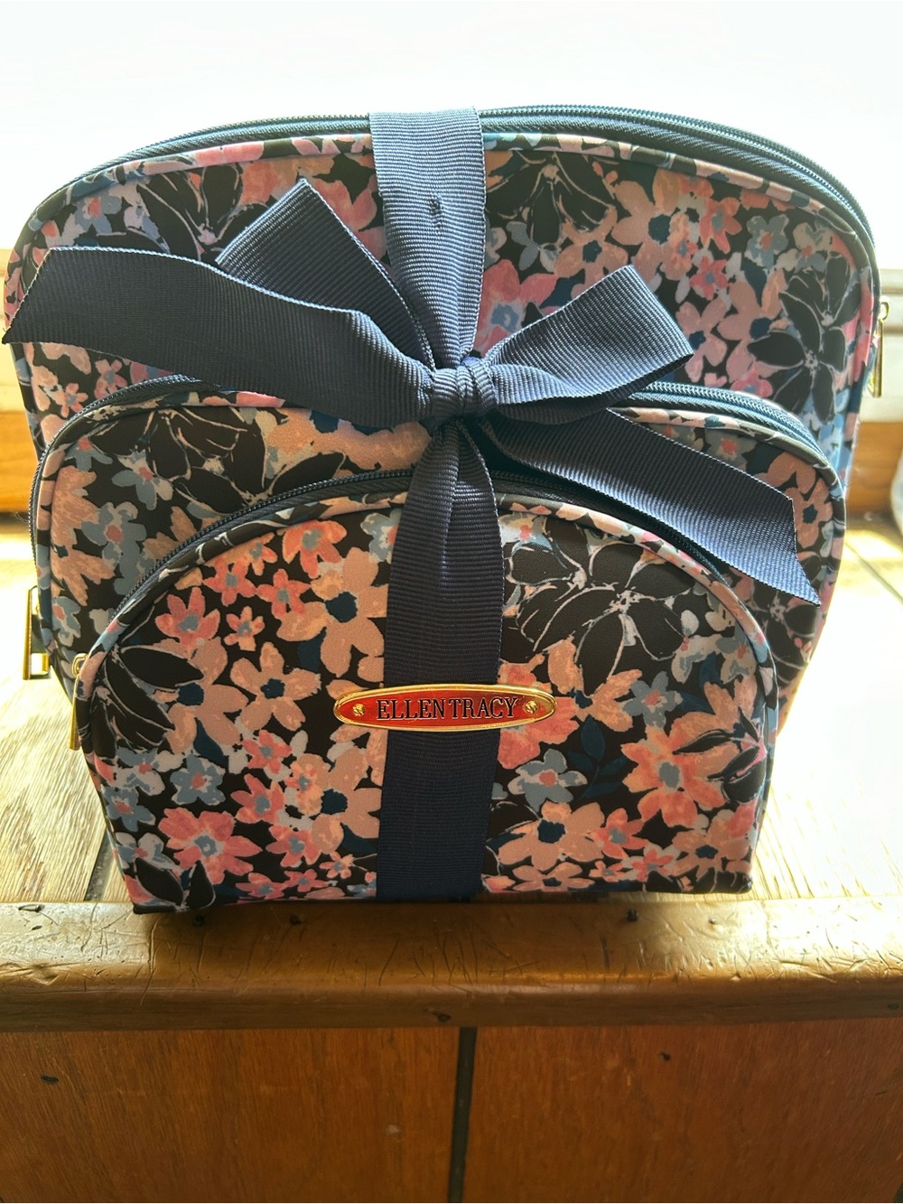 Ellen Tracy Navy Floral Cosmetic Pouch Trio with Ribbon